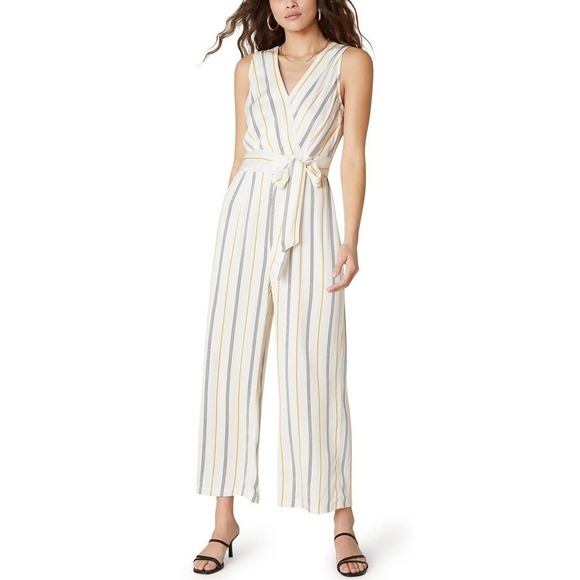 BB Dakota Rayon Belted Jumpsuit - Stripes - White Multi/Ivory - Picture 1 of 10